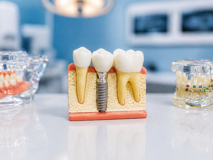 Modelo de implante dentário mostrando dente, raiz e osso maxilar